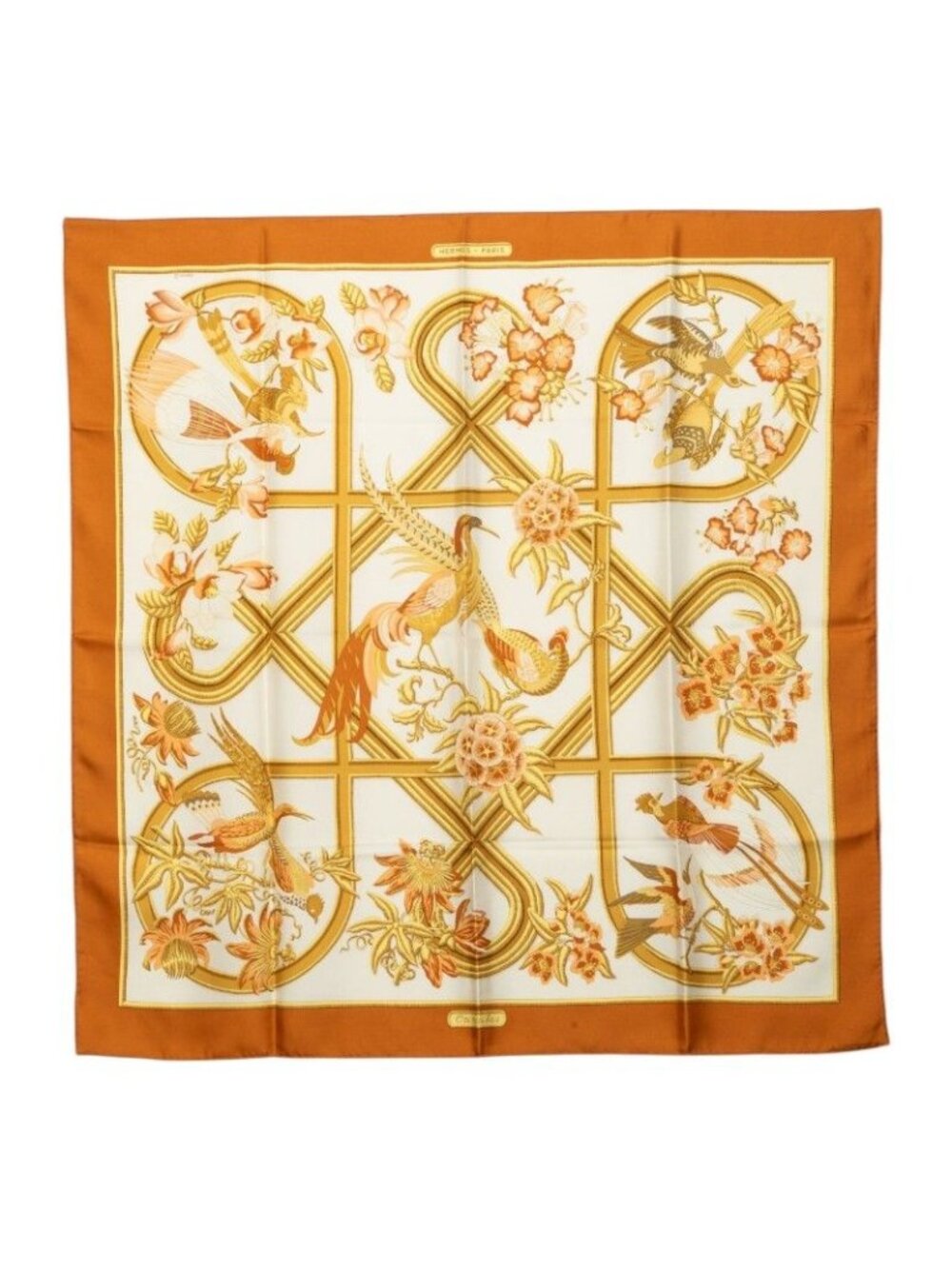 Hermes Carre 90 Caraibes Caribbean Bird Scarf Brown Silk